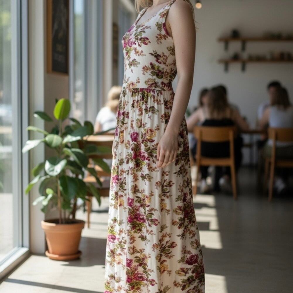 April Cornell Floral Prairie Sleeveless Knit Midi Dress Medium Cream Pink